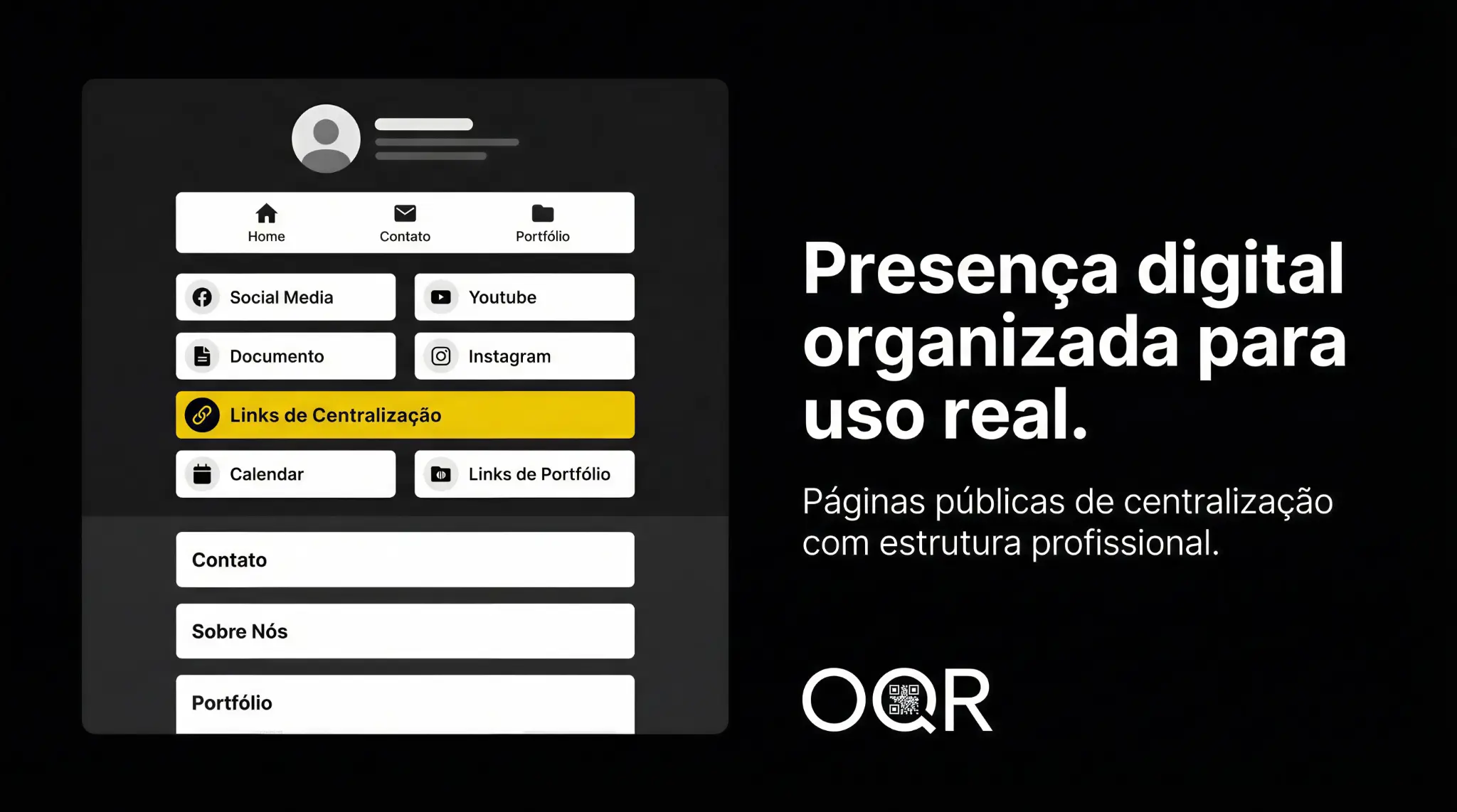 Mockup de página pública de centralização com links de Social Media, Youtube, Instagram
